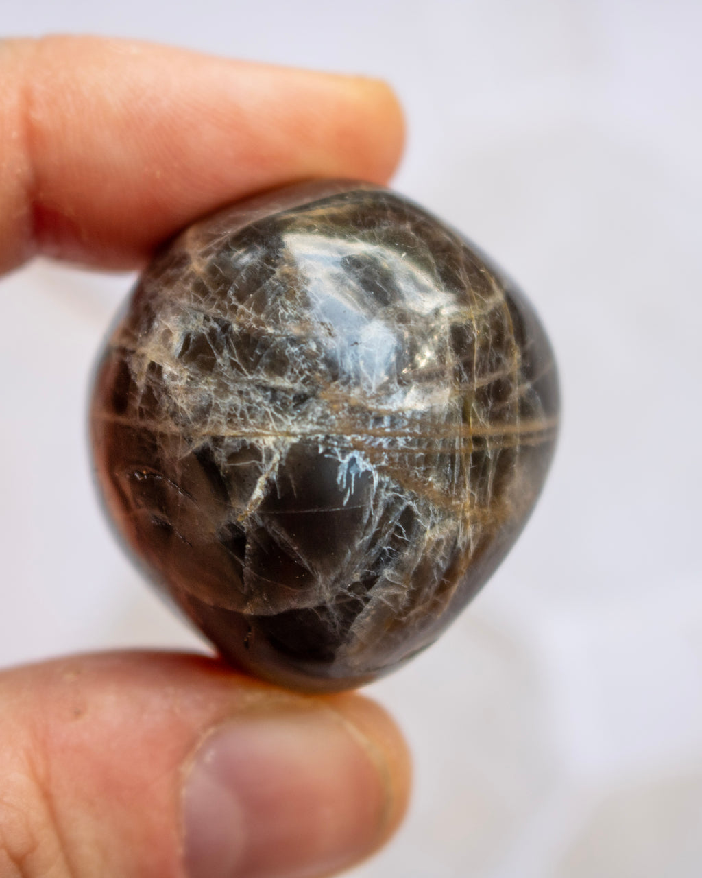 A polished dark brown gemstone bead with prominent white and light-brown crystalline inclusions, held between two fingers against a plain white background.