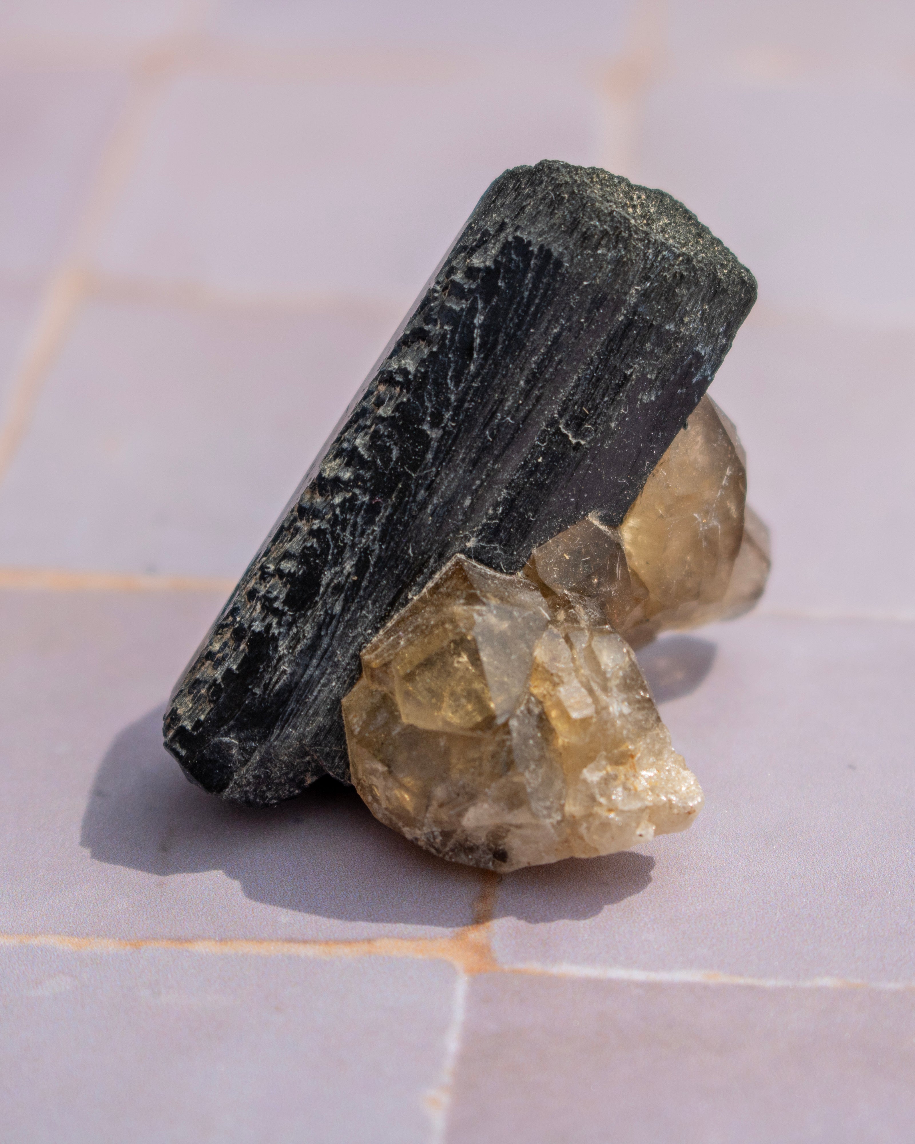 A natural mineral specimen featuring a large, dark gray to black rectangular crystal, likely a pyrite or similar silicate, resting on a cluster of translucent pale yellow and smoky quartz crystals, set against a light gray tiled background.