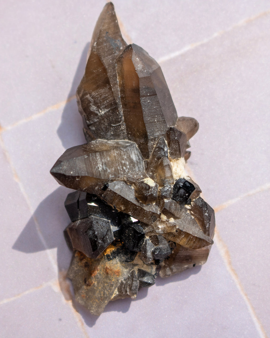 A natural smoky quartz crystal cluster with prominent dark gray to black inclusions, photographed on a light gray tiled surface.