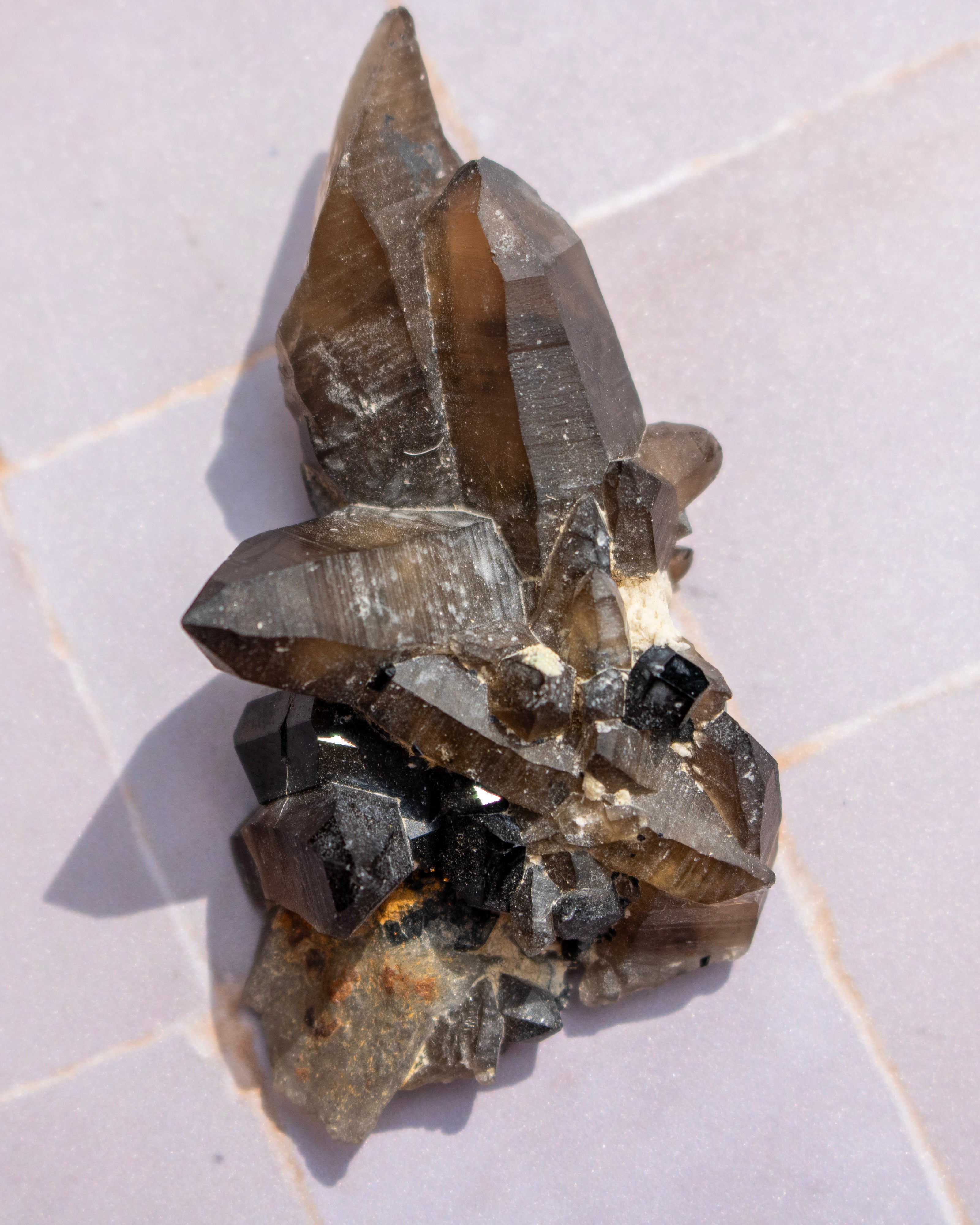 A natural smoky quartz crystal cluster with prominent dark gray to black inclusions, photographed on a light gray tiled surface.