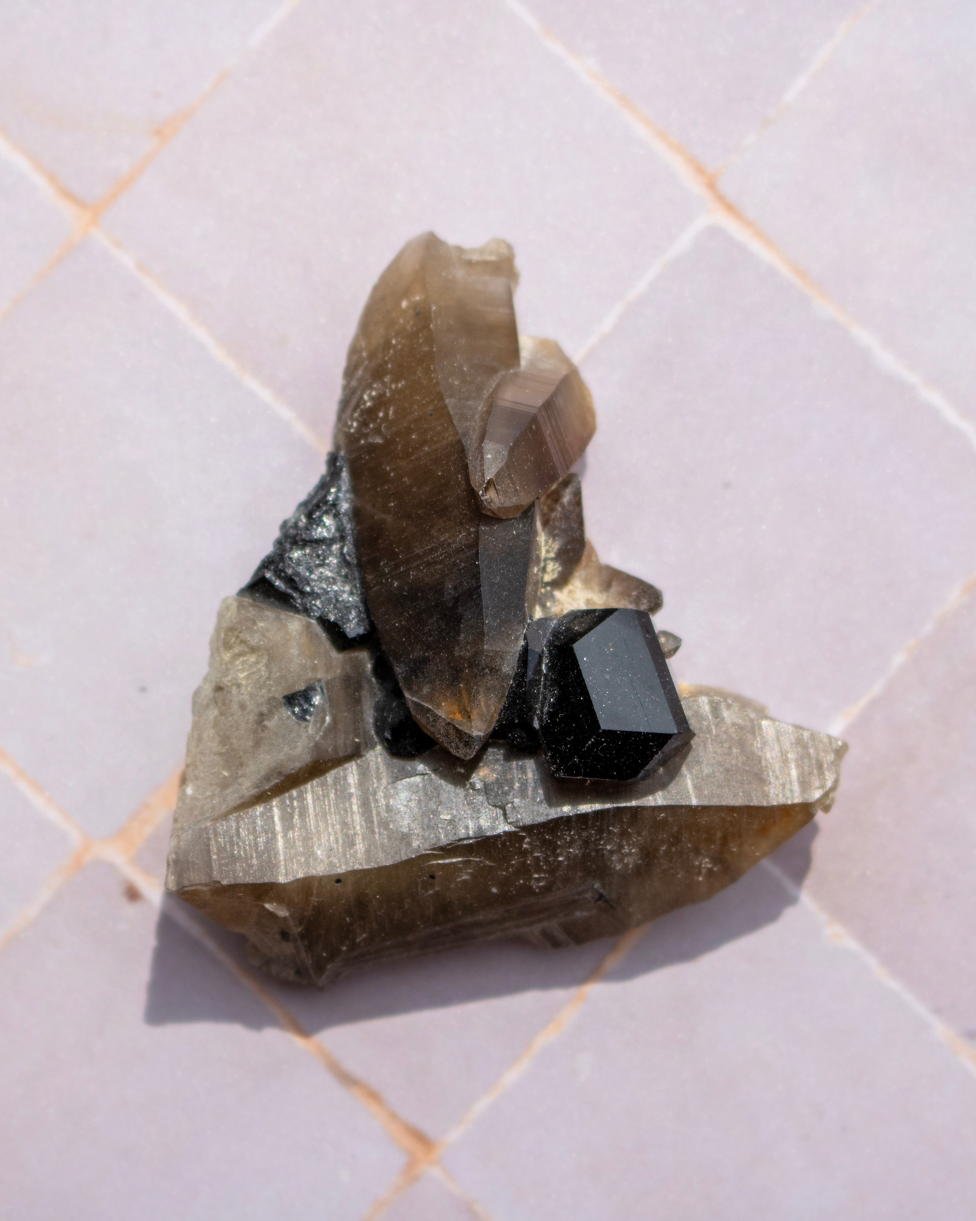 A natural mineral specimen featuring a cluster of smoky brown and translucent gray crystals with a prominent faceted black crystal, resting on a light-colored tiled surface.