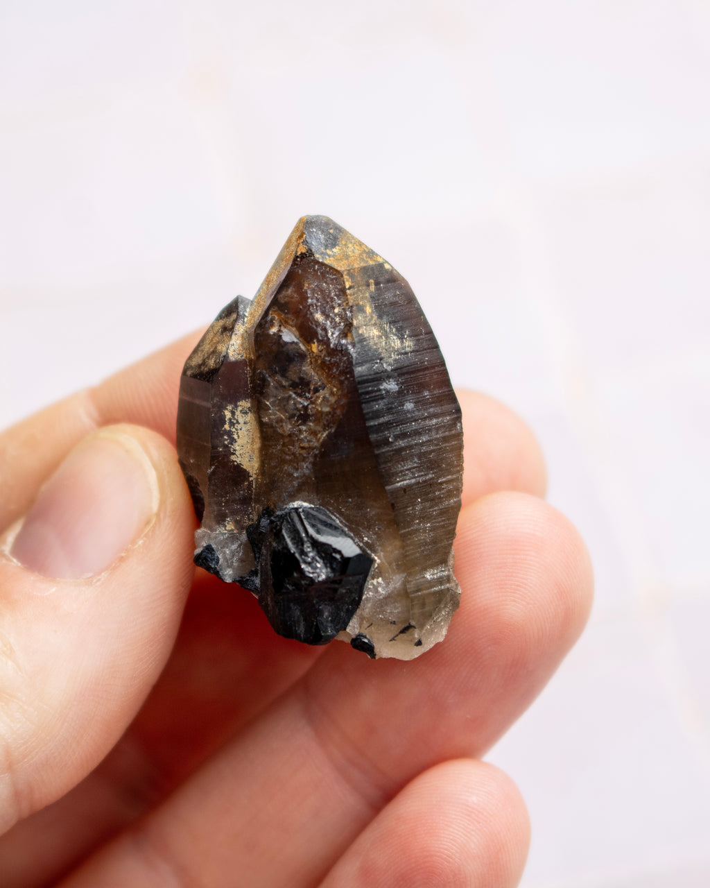 A hand holding a raw smoky quartz crystal cluster with natural rough edges and a prominent black inclusions.