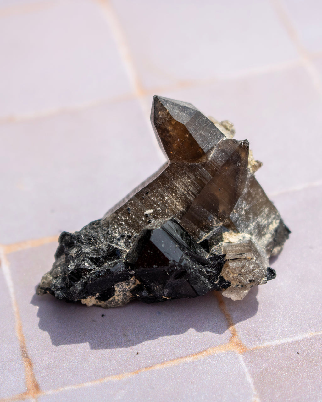 A natural smoky quartz crystal cluster with prominent dark brown and black points, resting on a light-colored tiled surface.