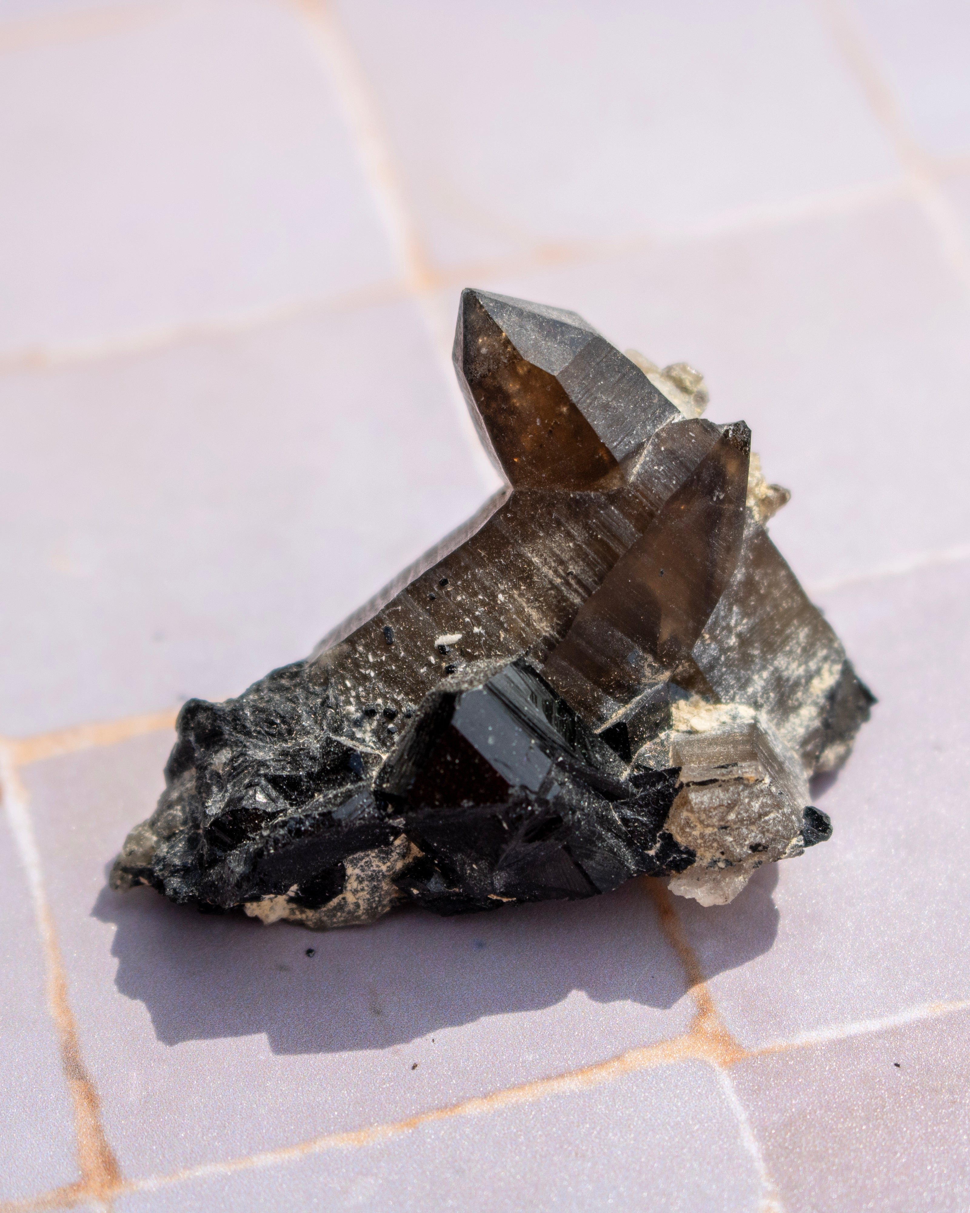 A natural smoky quartz crystal cluster with prominent dark brown and black points, resting on a light-colored tiled surface.