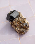 A natural mineral specimen featuring a prominent black gemstone crystal on a cluster of smoky brown and translucent quartz crystals, resting on a light-colored tiled surface.
