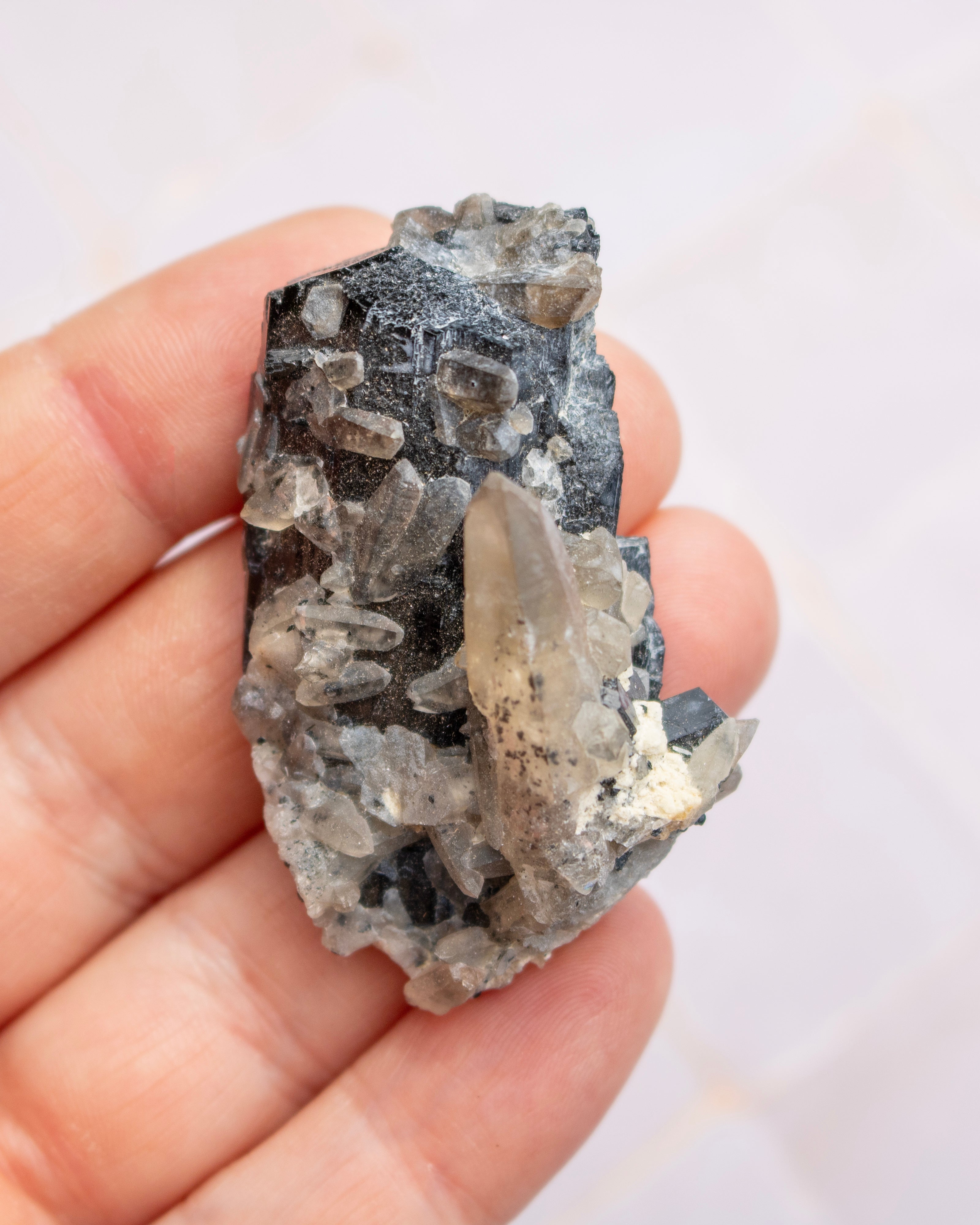 A hand holding a raw mineral specimen showing clear quartz crystal clusters on a dark, almost black matrix, set against a plain light background.