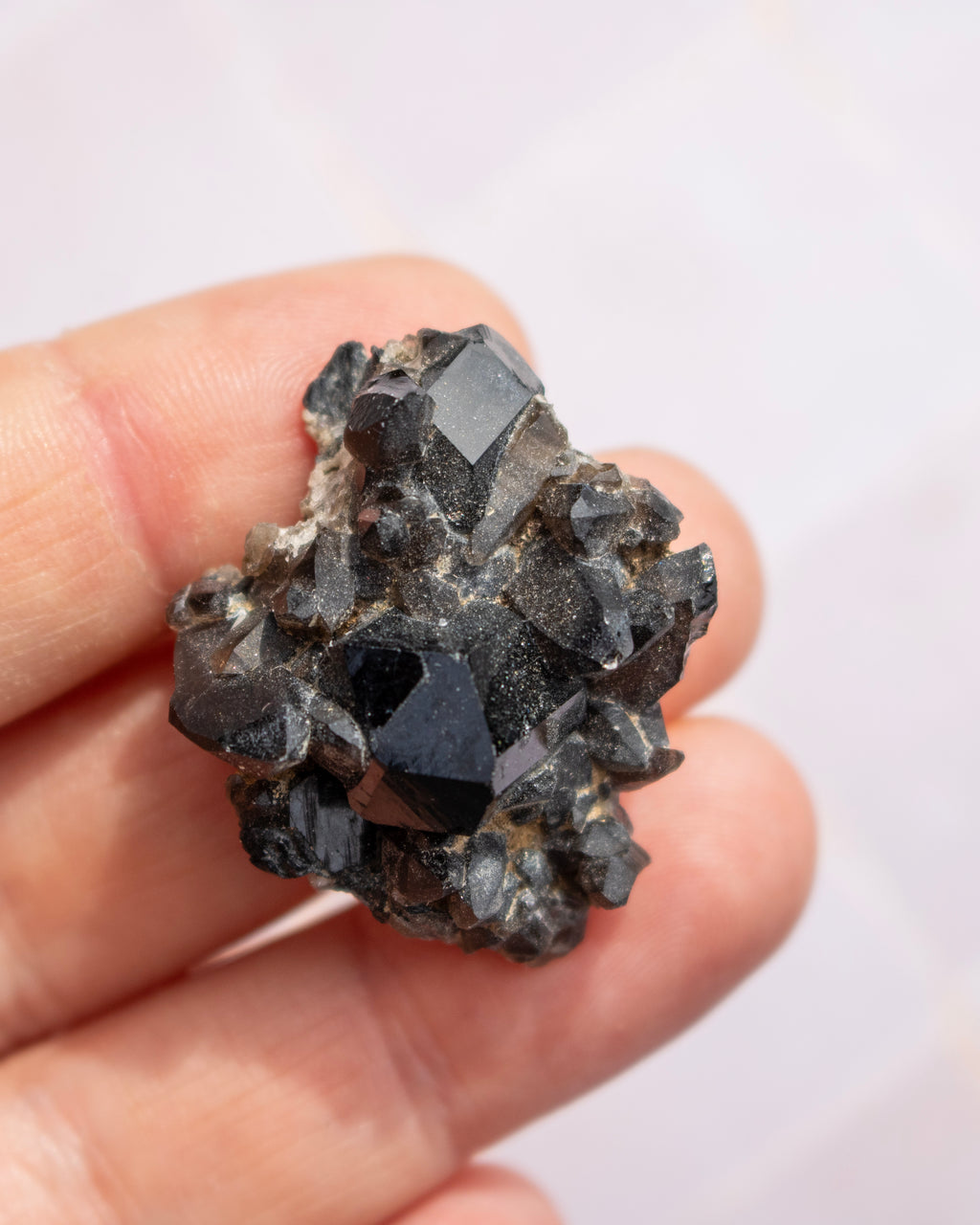 A hand holding a small cluster of dark, faceted mineral crystals against a soft, light background.