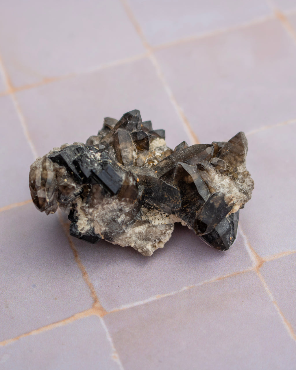 A natural smoky quartz crystal cluster with dark gray to black translucent points on a rough, light gray matrix, resting on a light gray tiled surface.