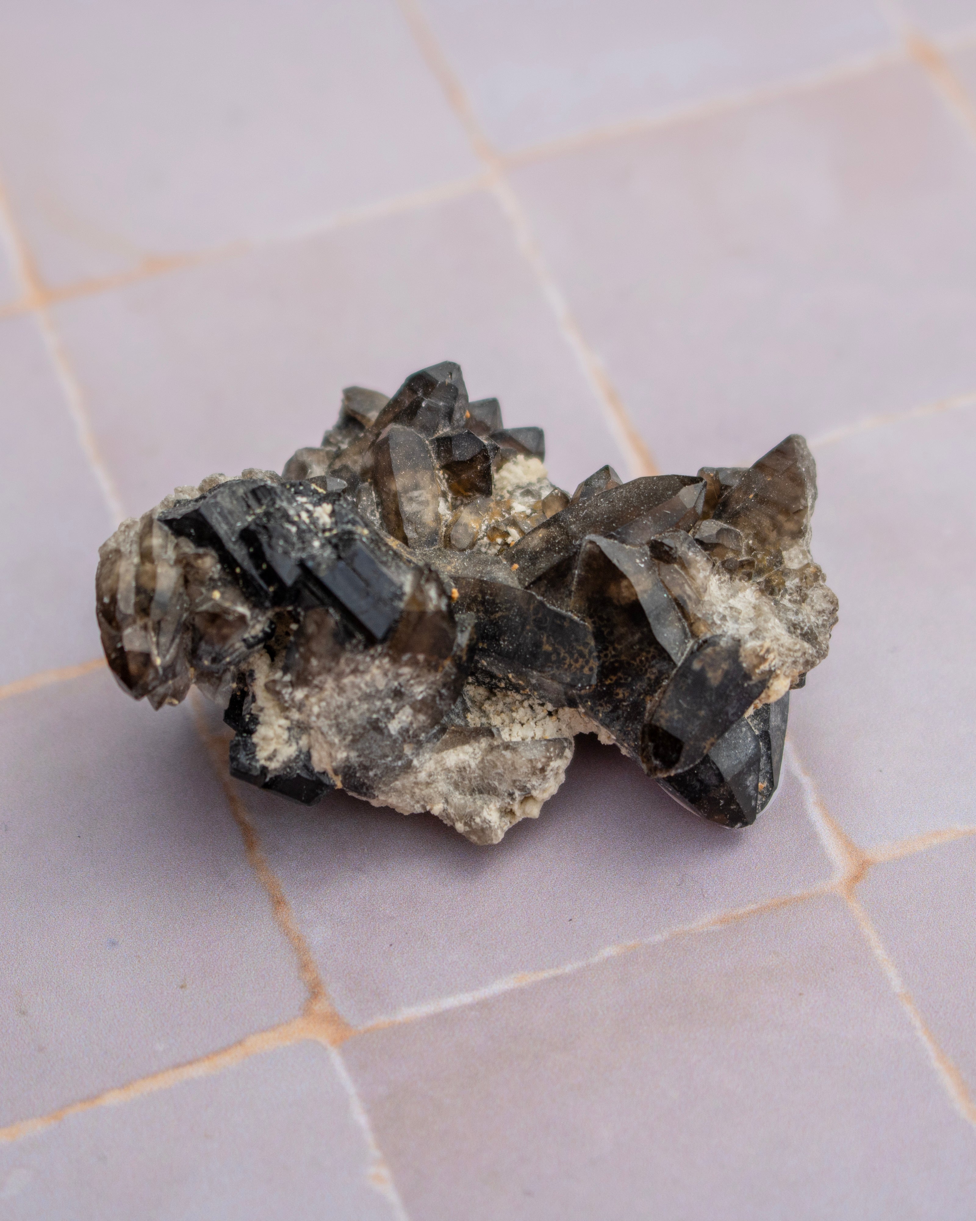 A natural smoky quartz crystal cluster with dark gray to black translucent points on a rough, light gray matrix, resting on a light gray tiled surface.
