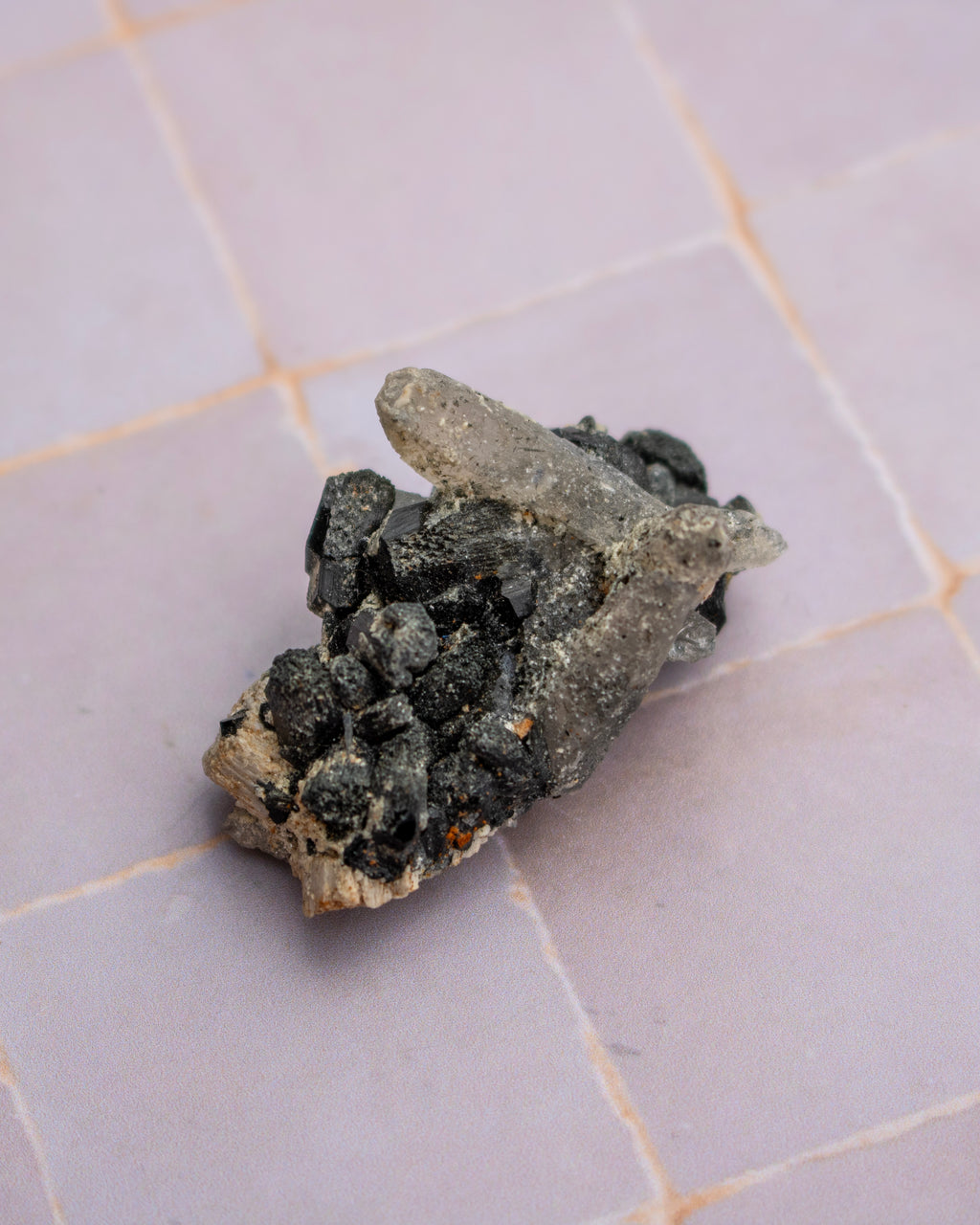 A natural mineral specimen featuring a cluster of dark, porous black crystals on a light gray and beige matrix, resting on a light purple tiled surface.