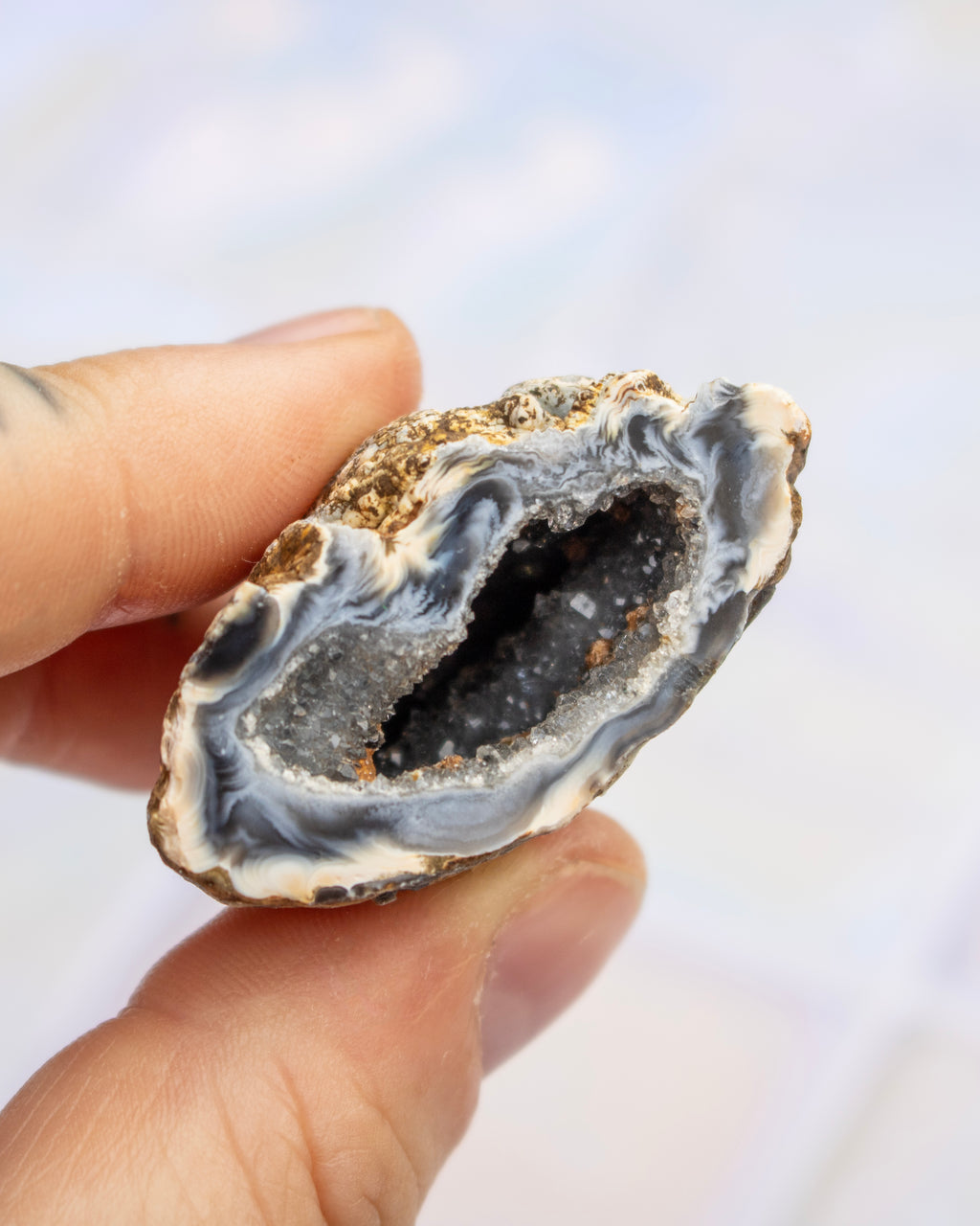 A hand holding a cross-section of a geode specimen showing a dark gray to black interior cavity surrounded by layered white, gray, and black outer walls with some brown crystalline material.