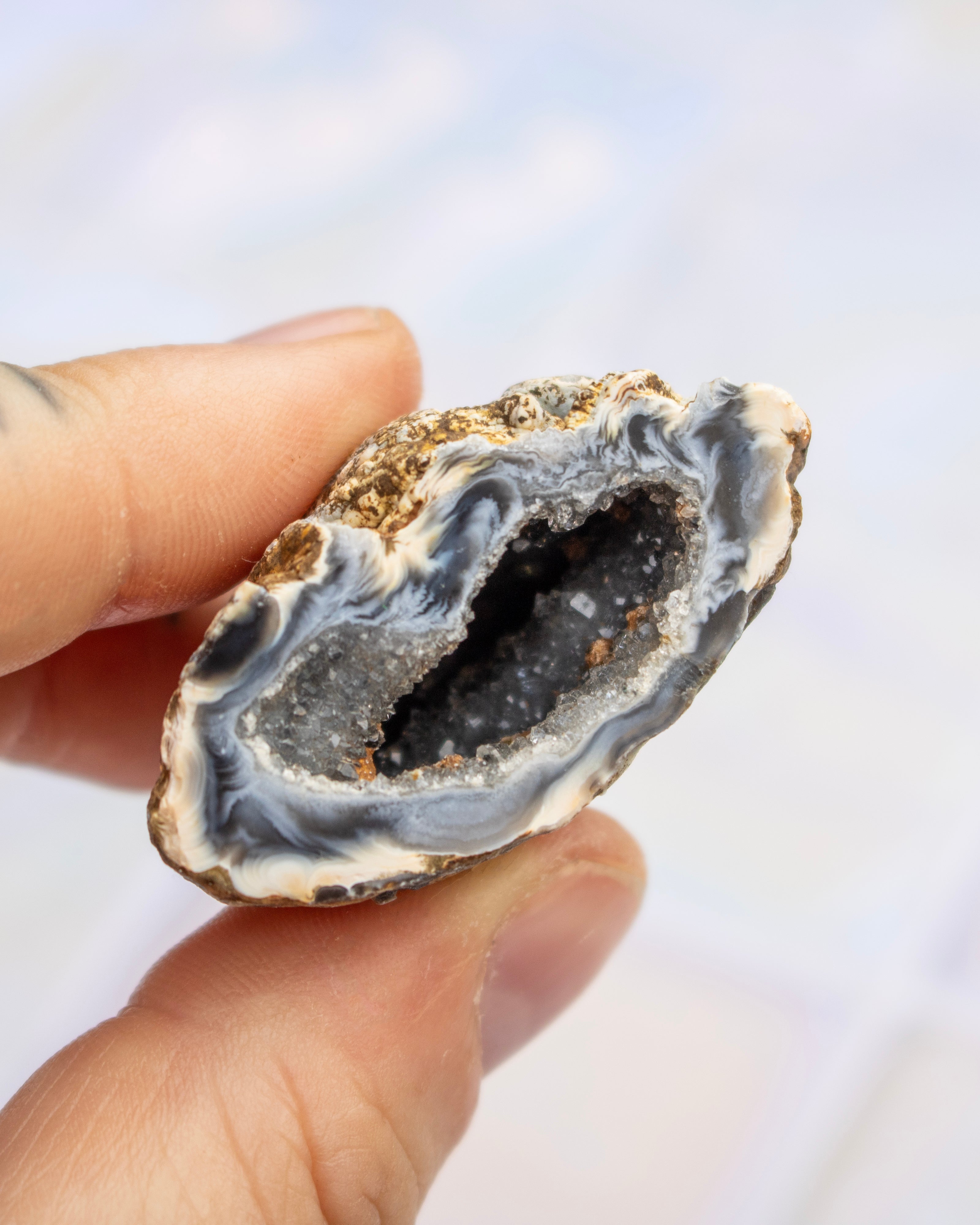 A hand holding a cross-section of a geode specimen showing a dark gray to black interior cavity surrounded by layered white, gray, and black outer walls with some brown crystalline material.