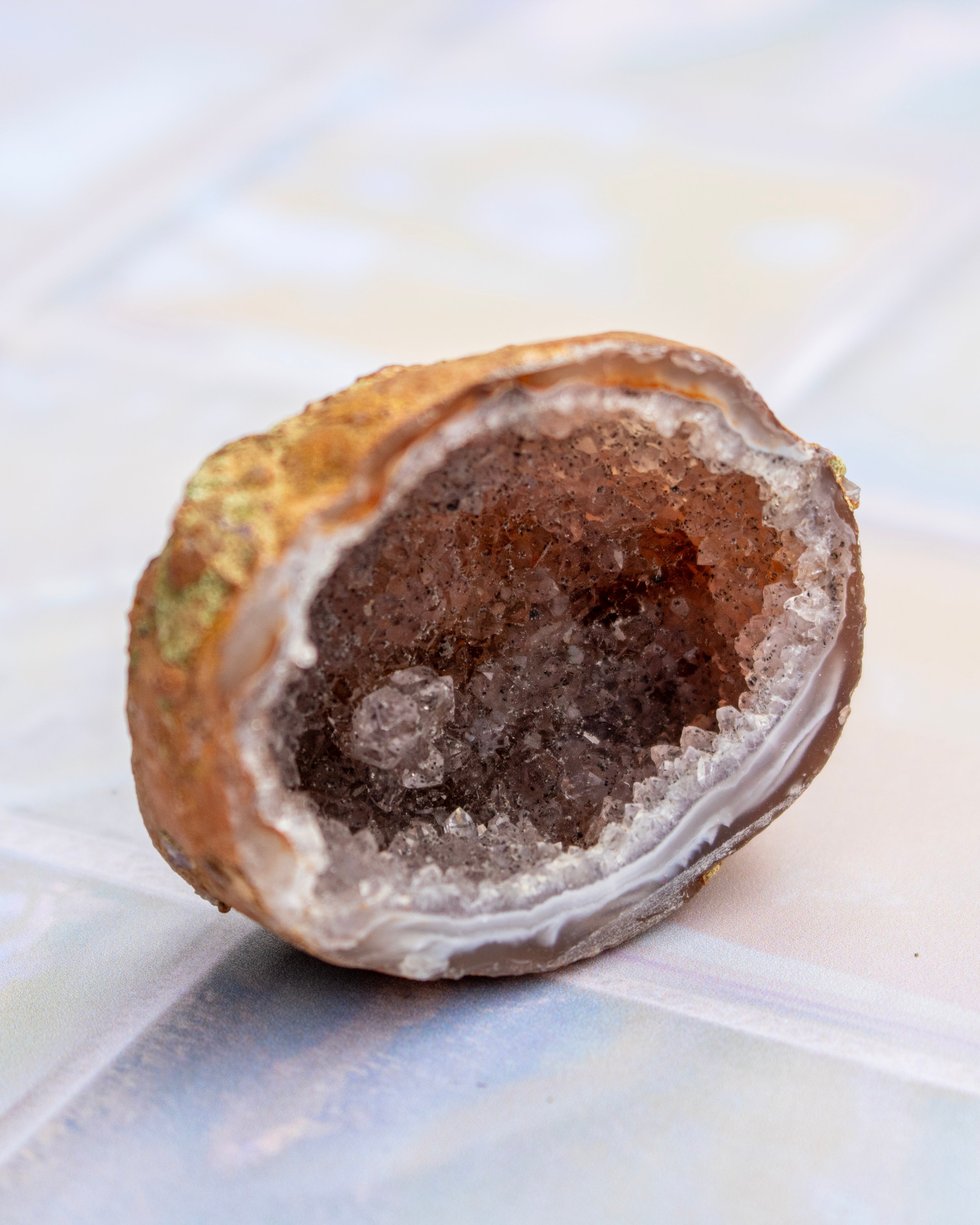 A geode specimen with a brown crystalline interior and a mottled tan, white, and green outer rind, photographed close up on a light blue and white surface.