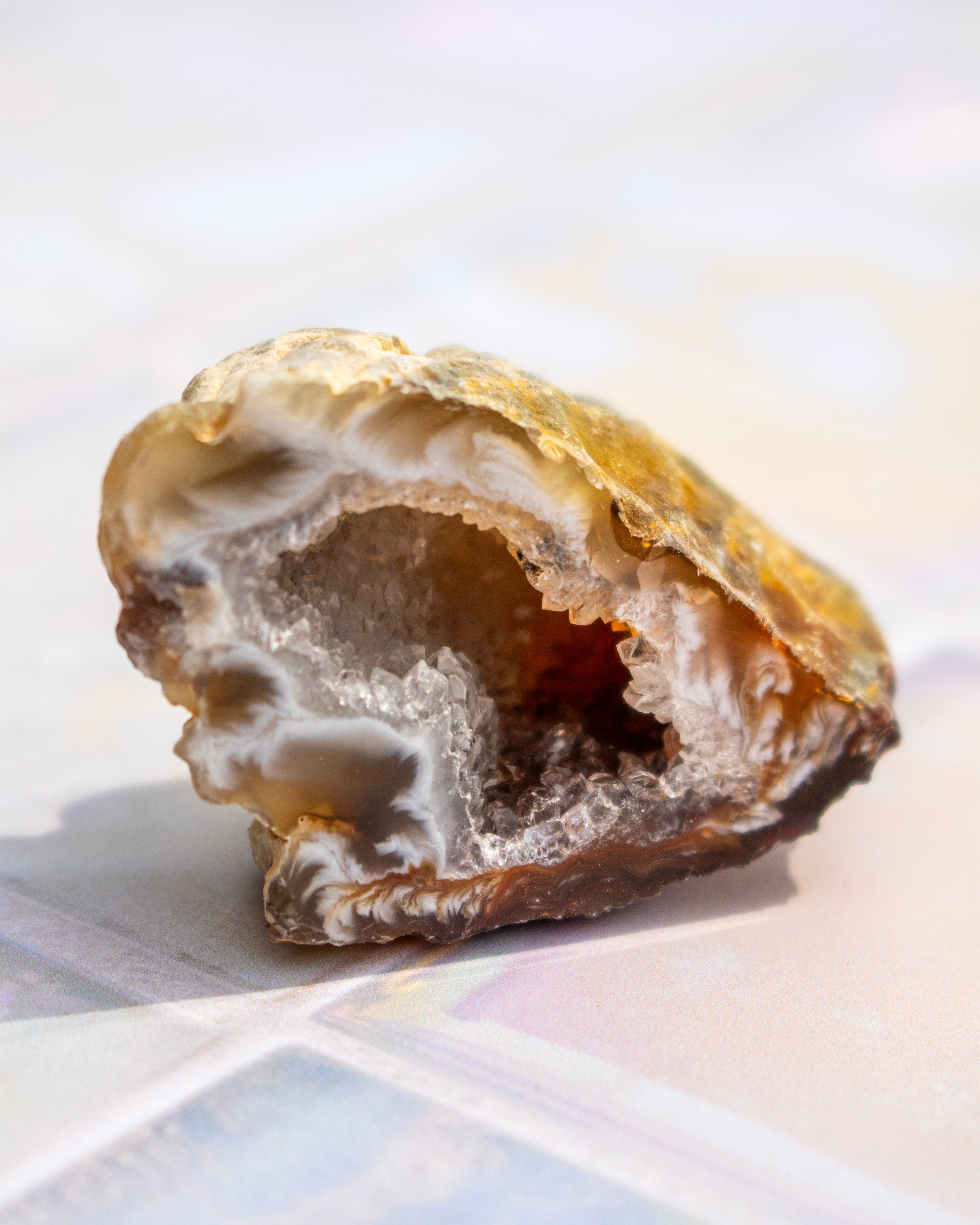 A polished agate geode specimen with a hollow interior, featuring concentric bands of brown, cream, and translucent white, resting on a light-colored surface.