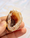 A hand holding a cross-section of a geode or agate specimen with a dark brown crystal cavity surrounded by layered beige and white outer walls.