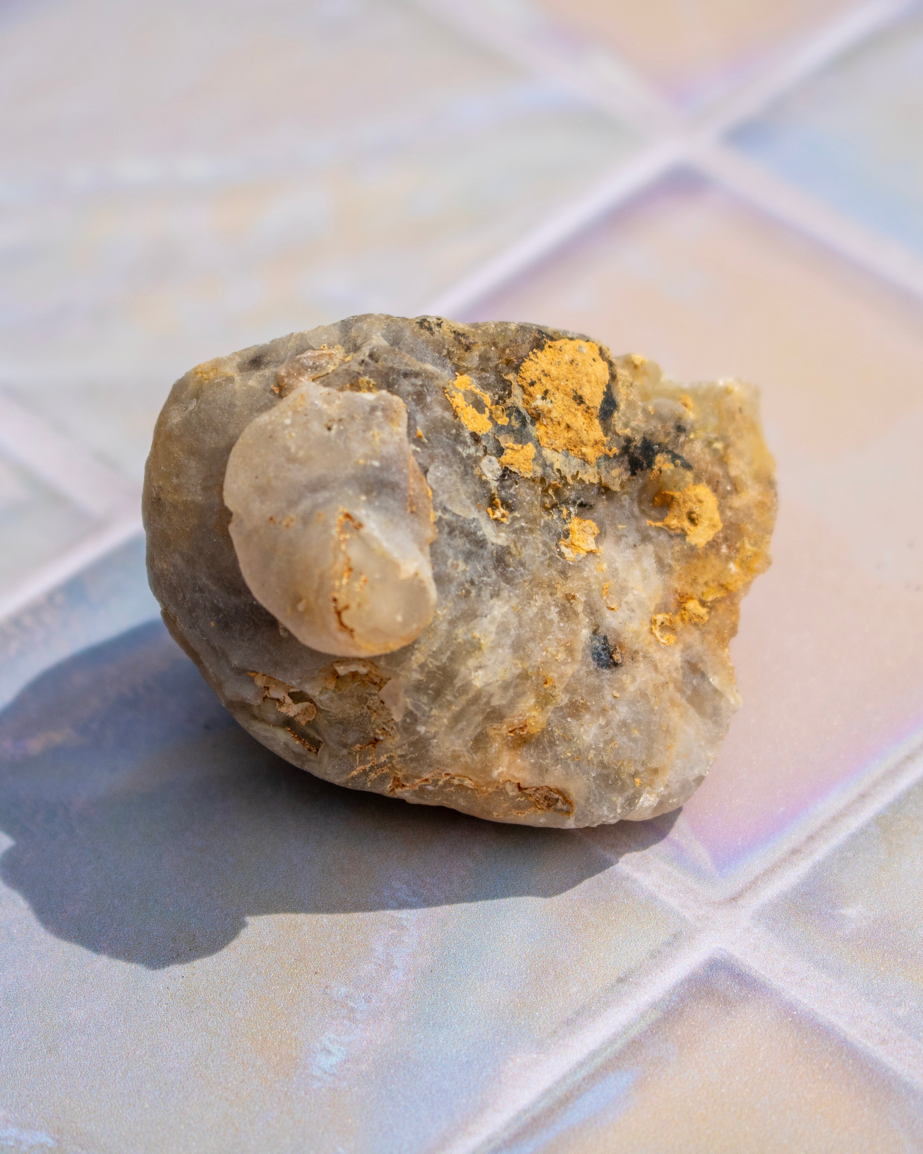 A natural stone specimen with a smooth, rounded pale cream section and textured golden-yellow and brown mineral patches, resting on an iridescent tiled surface.