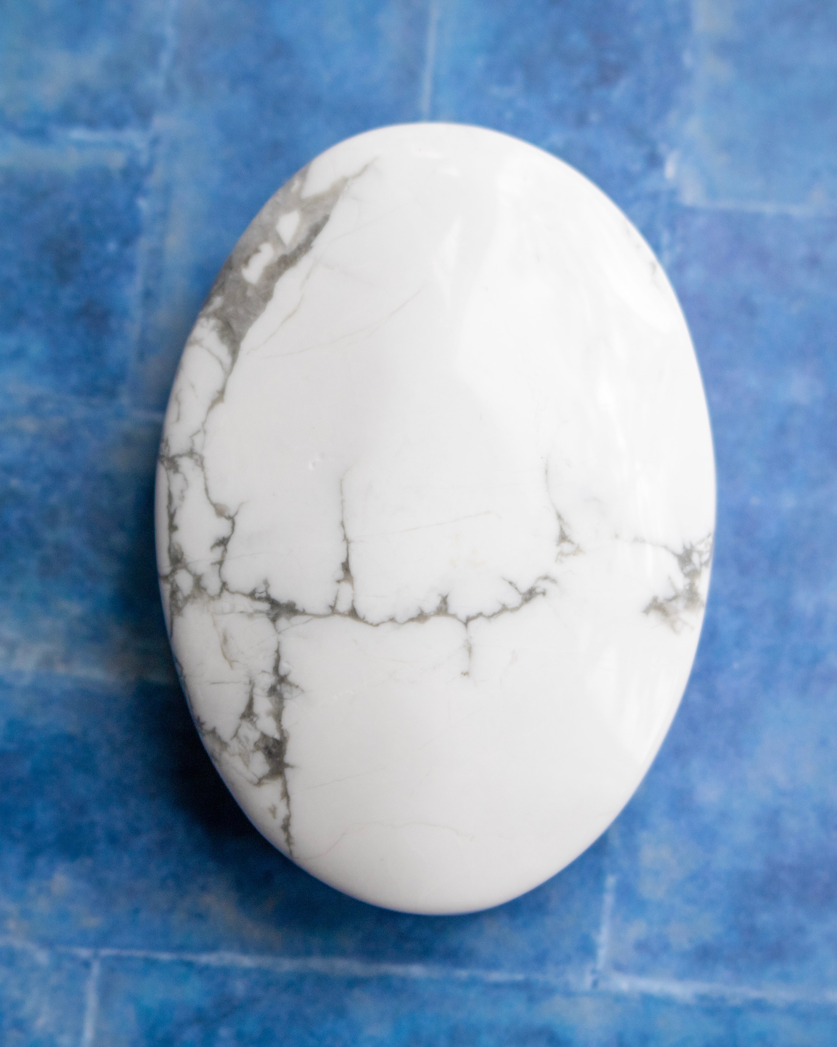 A polished white stone with gray veining, photographed from above on a textured blue background.