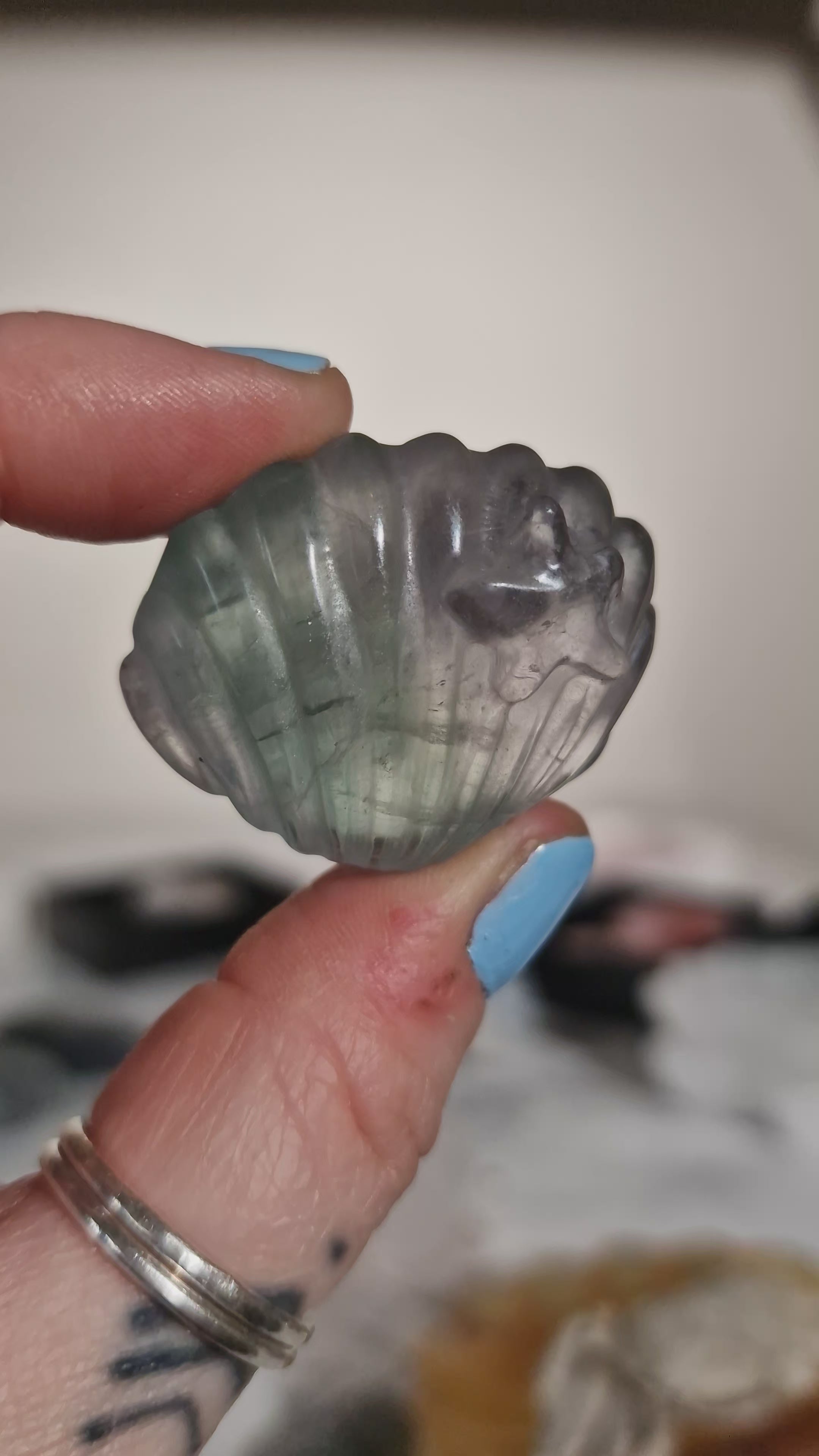 Rainbow Fluorite Seashell with Starfish Carving