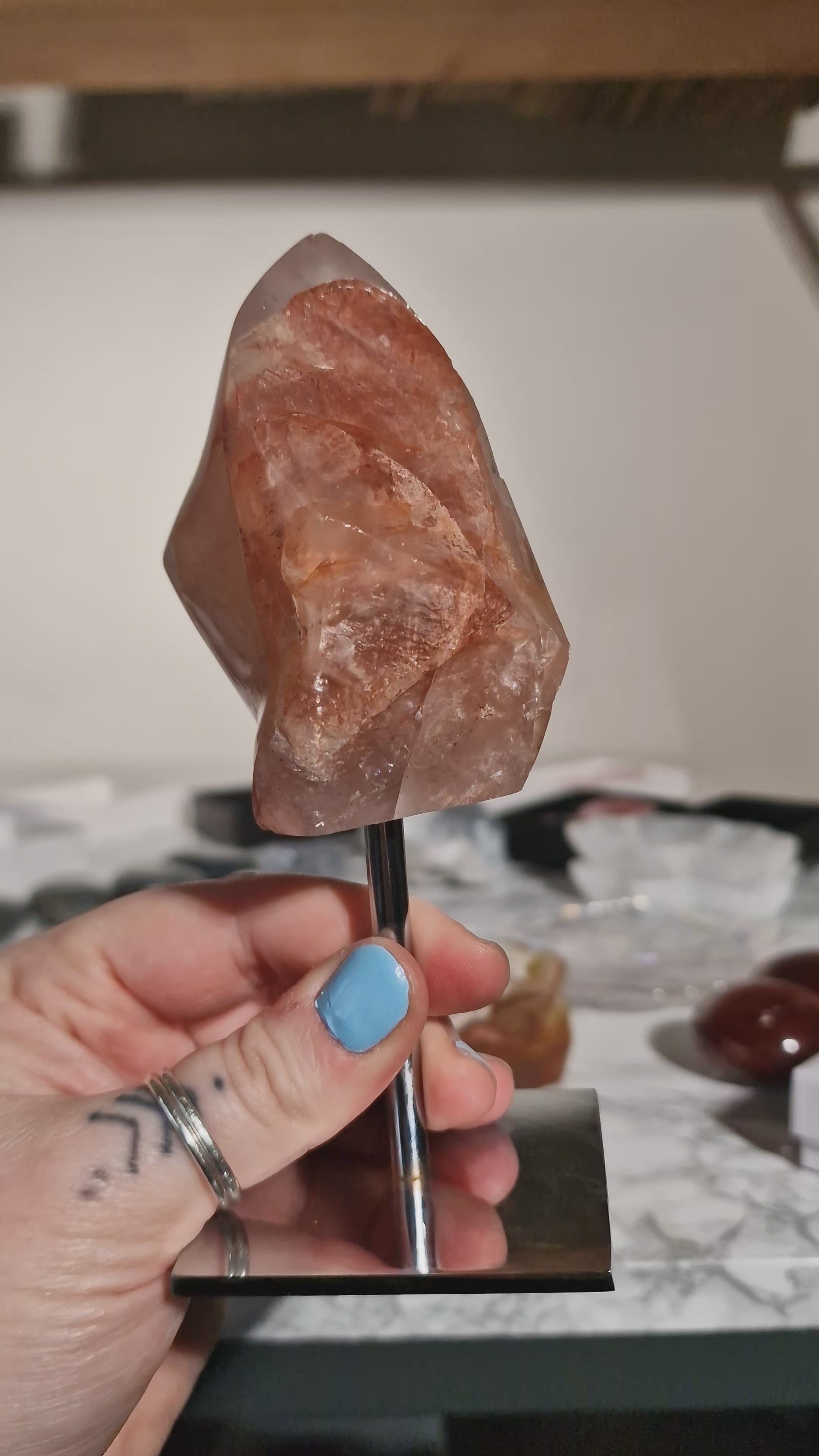Red Hematite Quartz Flame on Metal Stand