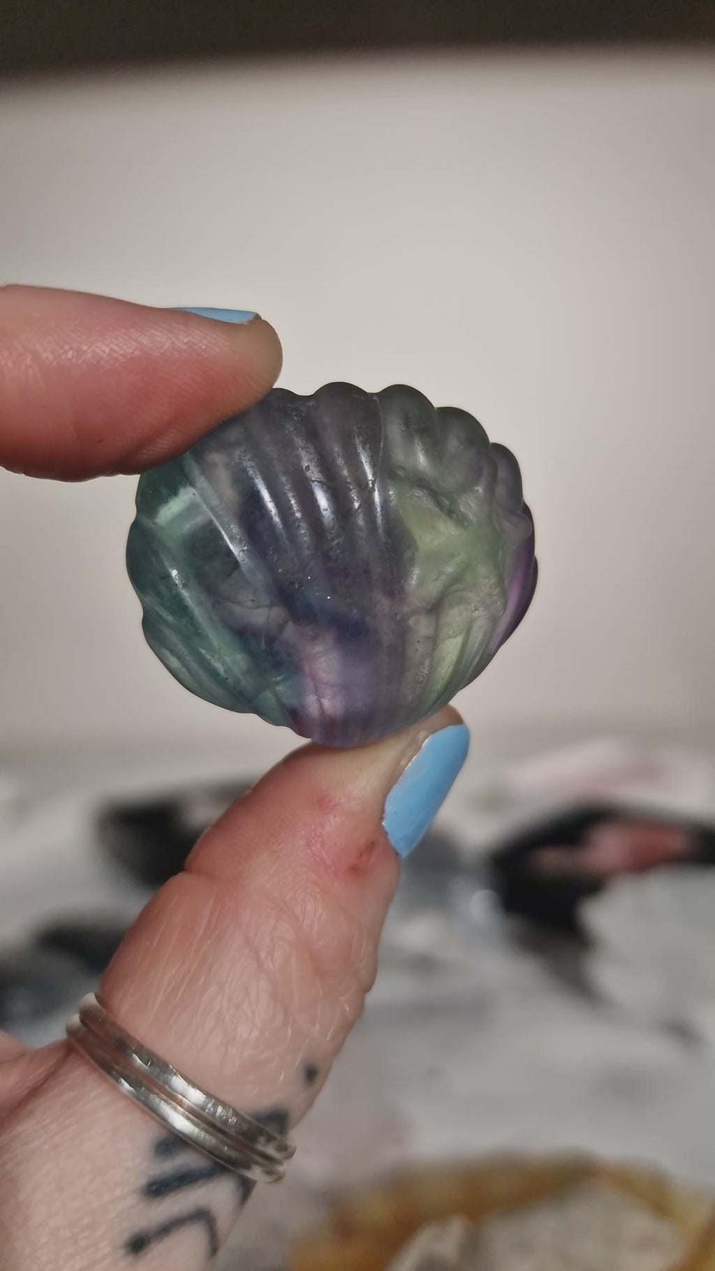 Rainbow Fluorite Seashell with Starfish Carving